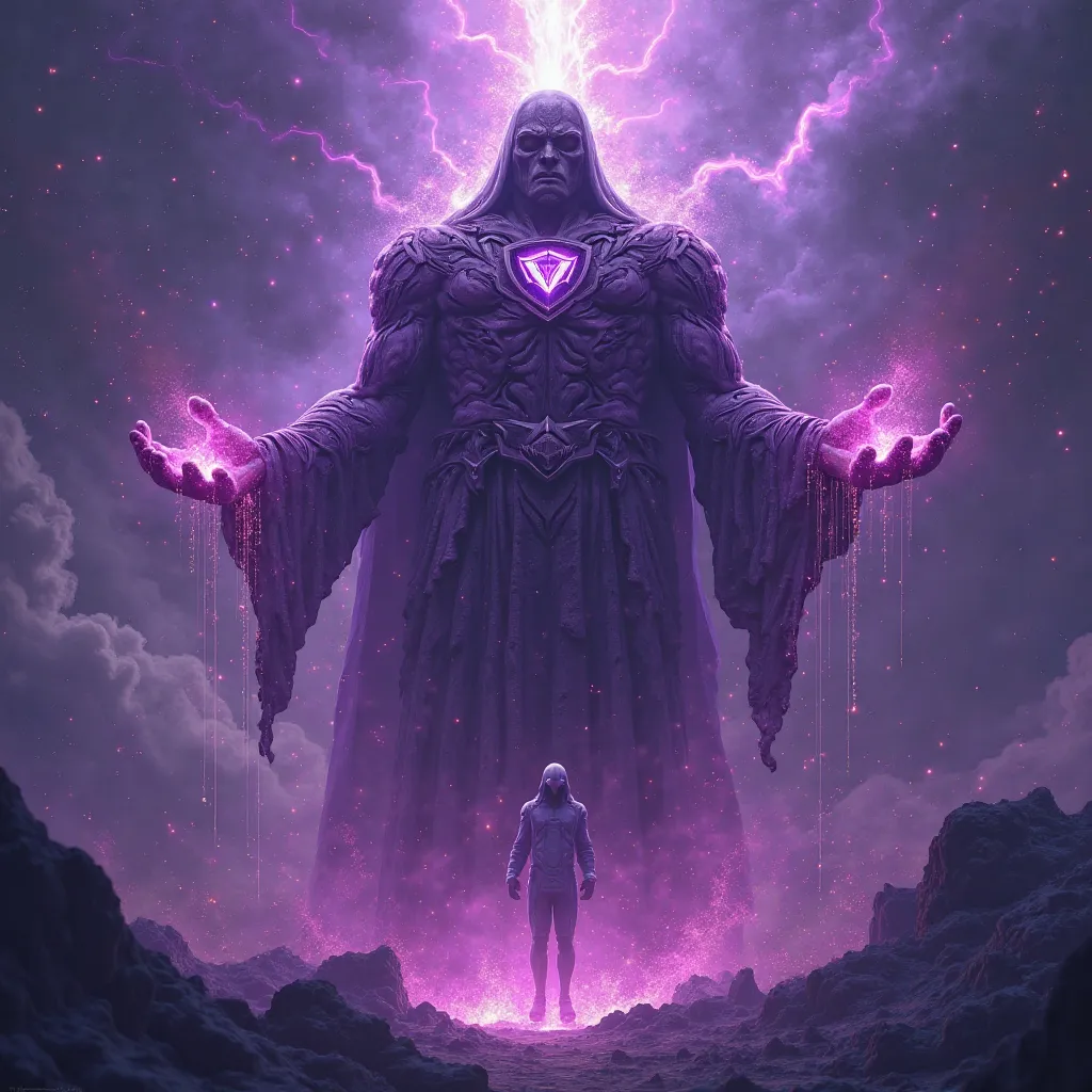 A colossal cyber-god, bathed in dark purple energy, rises from the Monad blockchain. His eyes glow as he forges smart contracts in his hands, sending them across the universe. The words: “Testnet is Live. Witness the Power of MONAD.