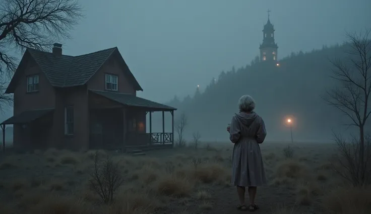 "A small, quiet town in Montana at 4:17 AM, shrouded in thick fog. An old brick house with a wooden porch sits at the base of a hill. A lone elderly woman, Martha, stands in a robe, clutching a coffee mug, staring into the misty distance. Above, a shadowy ...