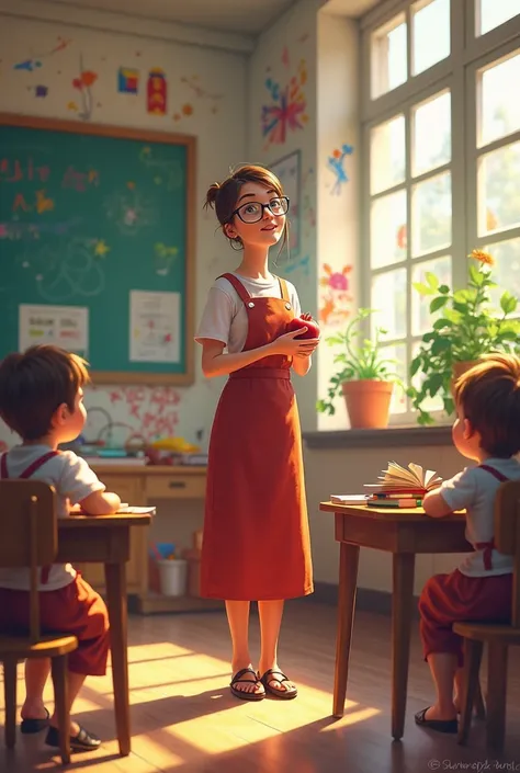 a classroom with education ren , tables, books, toys, windows,  Quadro, ren's activities on the wall, teacher with glasses and an apple in her hand