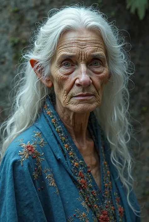 A mystical old woman with long white hair, wrinkled, time-scarred skin, and deep eyes that exude wisdom. Her face shows definite wrinkles, expression lines and age spots, conveying an aura of experience and mystery. She wears a richly embroidered blue robe...