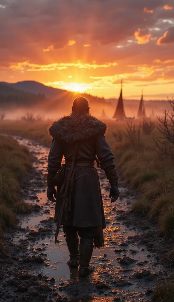 First-person POV of a Viking warrior with fair skin walking through a muddy field during the Viking Age, gazing at a breathtaking sunset near dusk. The warrior's hands, wrapped in worn leather gloves, sway slightly at the edges of the frame. The ground is ...