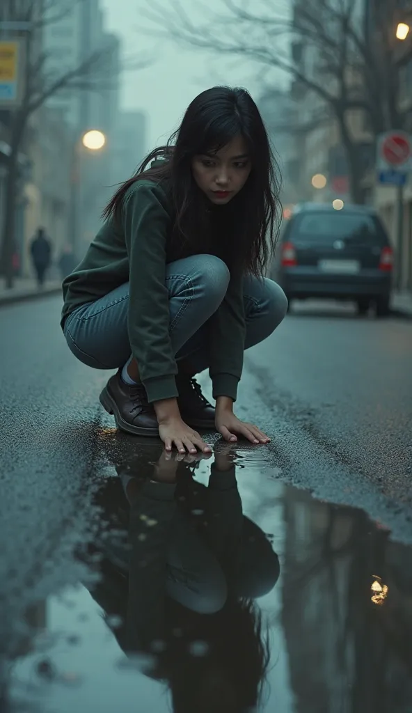 Sandra is squatting, looking at her reflection in a puddle on a blurry street..  