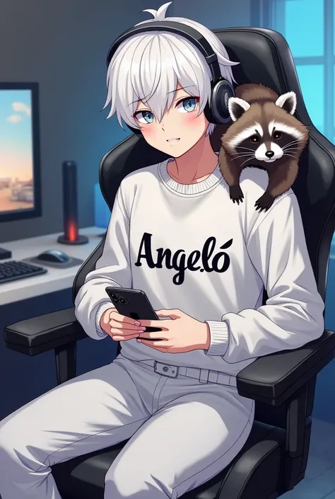 He is a male anime-style character with silver eyes, white hair, a Japanese-style sweater that says Angelo, a white jumpsuit with an Apple phone in his hands sitting in a gamer chair with gamer headphones and in the background a gamer room and a raccoon on...