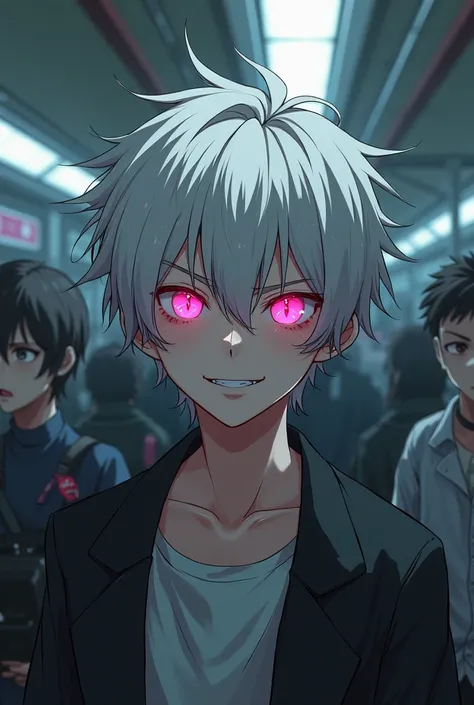 A yandere young man with short messy white hair and pink eyes with hearts, with a insane and lovesick expression. In a train station. Anime style. 