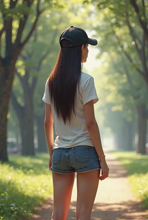 Girl wearing denim shorts, white fitted tee, and plain black baseball cap; long straight hair up to waist; back is towards the camera; background is park with trees on the sides.