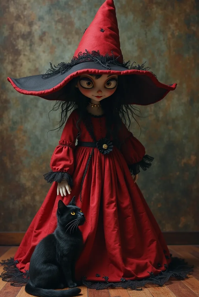 A witch whose face, can't be seen but who looks like a puppet in red and black, that it be animated, And make it look like a girl, A puppet, and there is a black cat on the floor, But may the girl have a sinister smile