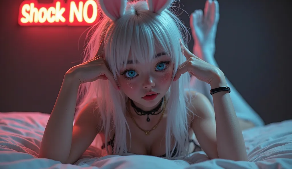 One woman、white hair, long hair、 Bunny Girl(silver shiny enamel tights、Black rabbits)、Night、 embarrassed facial expression、 high thigh socks 、 Leg spread、Be pushed onto the bed、You can hold both hands, wide lower bellio, big neck on the chest, food chest, ...