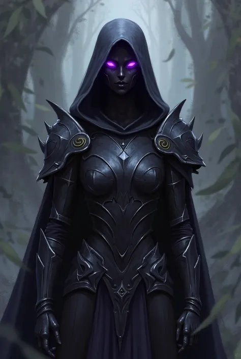 Draw a character suitable for the "Dark Lord" theme, whose entire body is surrounded by darkness, whose eyes glow with purple light but nothing else on her face is visible, who wears a large iron armor, resembling Sauron from the Lord of the Rings universe...