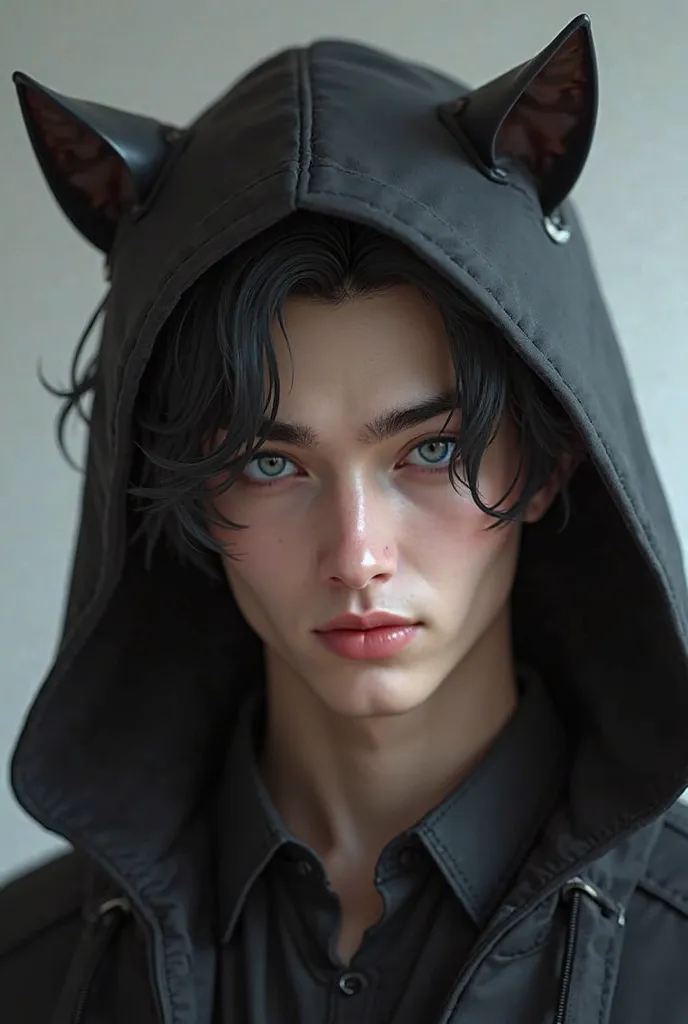 Man, comma style, black hair, black cat ears, cool face, black hood, handsome figure in high definition 3D., best quality,  blue eye, Biting the lip, Solo, high-resolution model, simple background, 