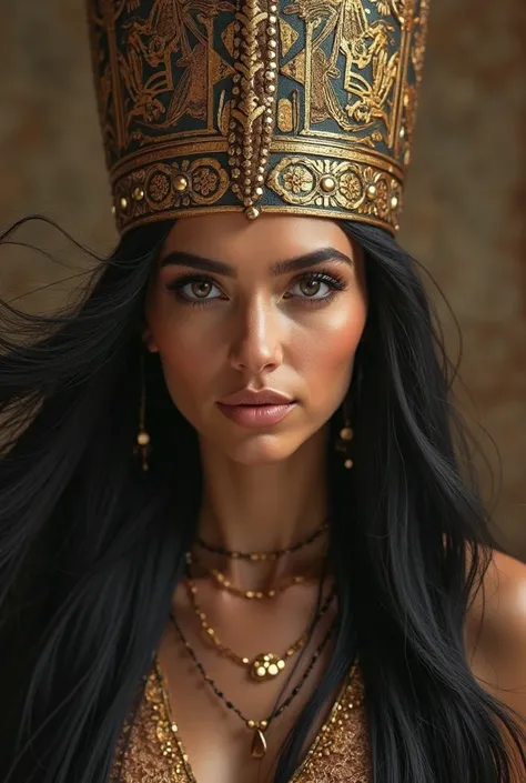 An Egyptian woman with long hair and a hat on her head 