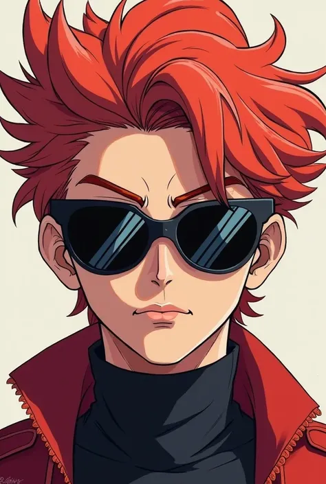 An image of a man with dark glasses like a cartoon, The anime type the hair is red-haired
