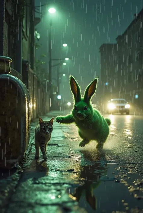 The Green Rabbit’s Heroic Rush Suddenly, from the shadows of a nearby alley, a small green rabbit appears. His bright fur glistens in the rain as he darts forward with incredible speed, weaving through puddles and racing toward the cat. The approaching car...