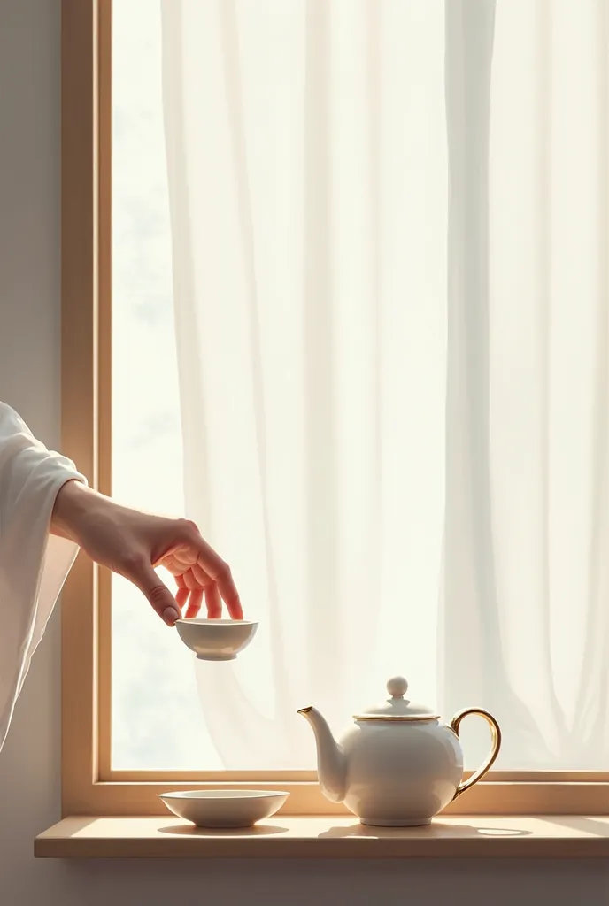 I want a real picture, a tea in the hands of a girl, only her hand is clear and lacquered and next to the window. The curtain and the tea pot in her hand are white and minimal.