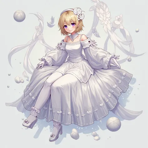 short ear length blonde hair, purple eyes, girl, white dress with long white sleeves that dangle on the ground, and white shoes, Breasts, Looking at viewer, crosses embroidered into the skirt of the dress, white gloves, white leggings, white masquerade mas...