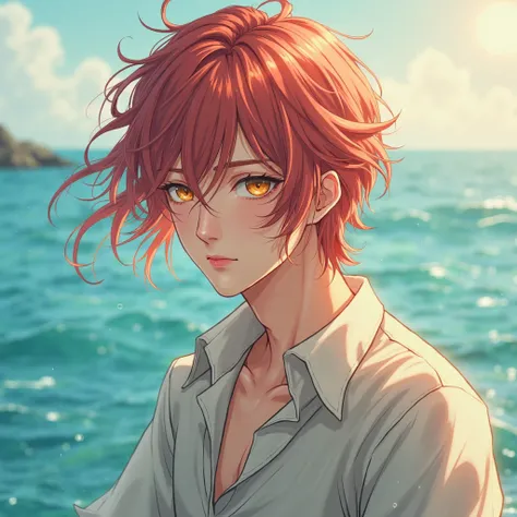  male， youth，Handsome ，grace，hair is rose red， Long Hair and Shoulders ，Straight Hair，M型瀏sea，hair ends are golden，golden eye，Red wine，sea，anime characters