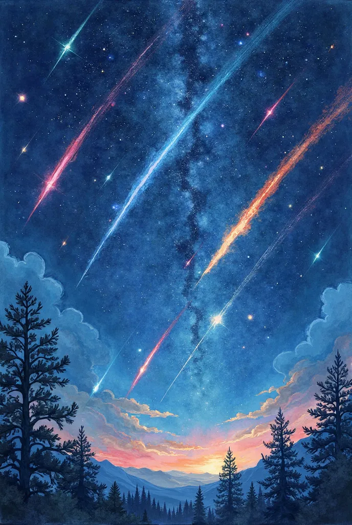 Generate an image with a watercolor effect and colored pencil of shooting stars that the images are horizontal of 19:6