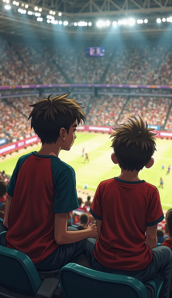 "In a massive Olympic stadium filled with cheering woodland animal fans, two boys are sitting in the stands, glaring angrily at the scene below. The large, aggressive-looking boy clenches his fists, his face red with fury, as he watches the victory celebra...