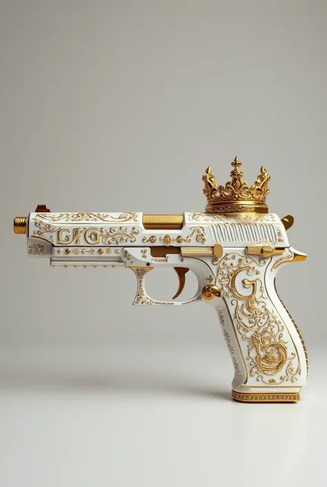 Make a white gun with gold that has the initials GJFG and that the 2 letters G have a crown 