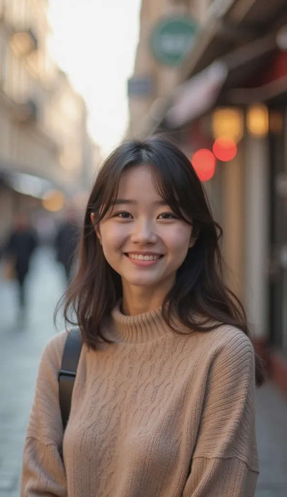 Sofia wearing a skin-colored sweater is met with a small smile on the blurry street