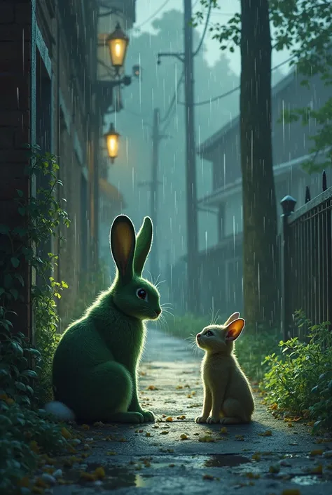 The Quiet Aftermath The rain begins to soften, and the chaos of the storm starts to fade. The cat, now safe on the sidewalk, looks up at the rabbit with wide eyes, grateful yet surprised. The green rabbit pauses, glancing back at her before giving a small ...