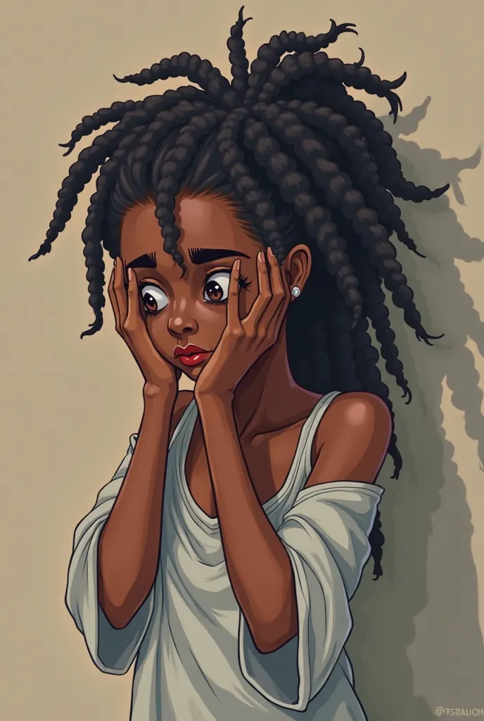 Cartoon style A woman, positioned slightly off-center on the left side of the image, is depicted in a state of distress. She is a young adult of dark African skin, and her hair is long, dark, dreadlocked, and styled in a wild, disheveled fashion. Her cloth...