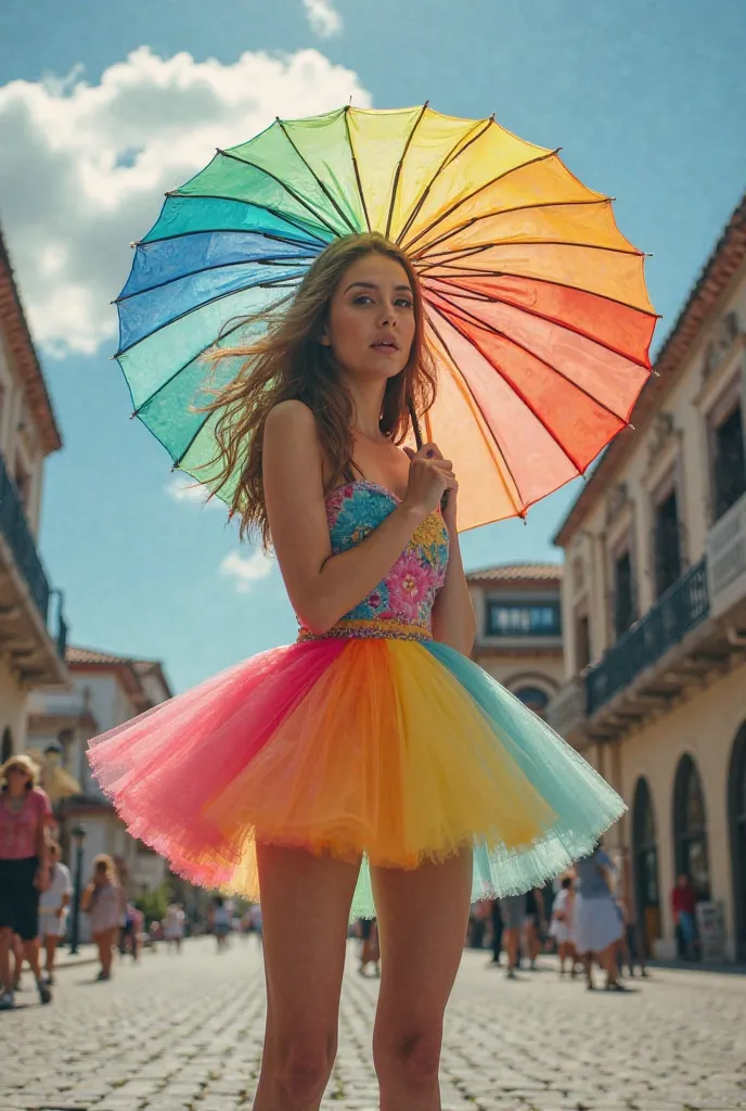 ☂️
📍 Local: Bloco de rua ou praça com chão colorido
👗 Roupa: Vestido curto rodado de tule com camadas coloridas
🎭 Acessórios: Sombrinha de frevo e brincos grandes de acrílico

📸 Comando para o fotógrafo:

Pose: Make a rotating model holding the umbrella up...