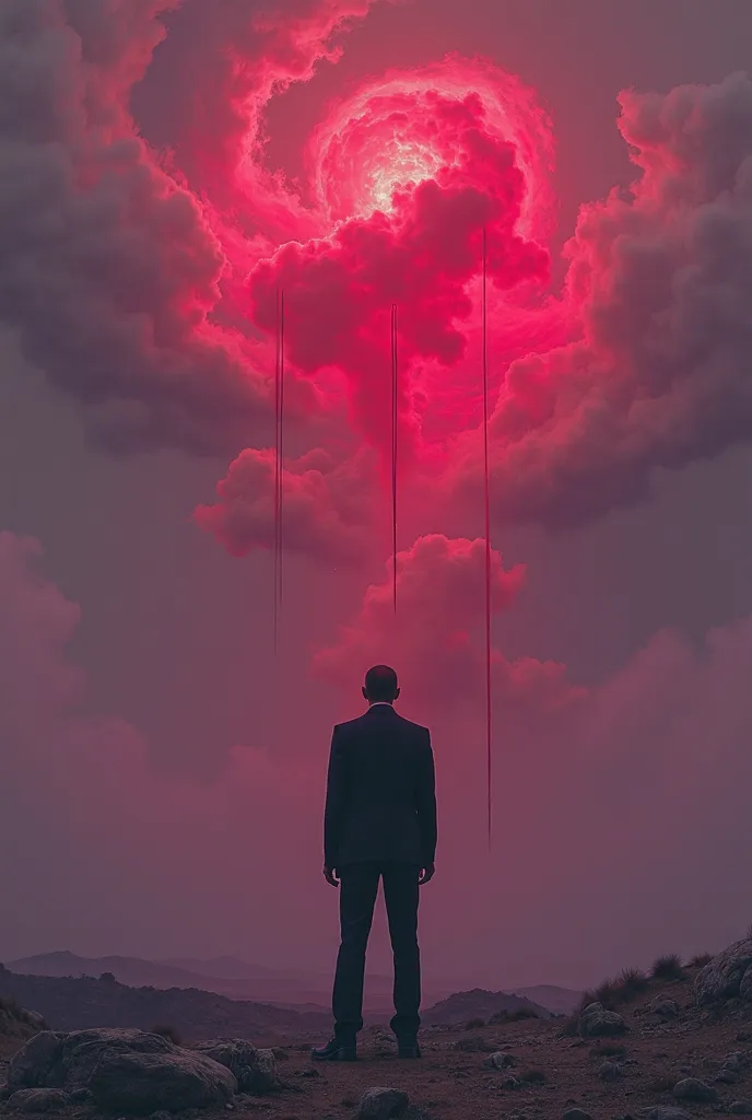 ((Masterpiece)), ((ultra-detailed surreal composition)), ((8k resolution)), BREAK.  
A faceless man in a black suit stands in an open field, staring at a single crimson-red cloud in the sky. The cloud pulsates like a living entity, dripping faint streaks o...