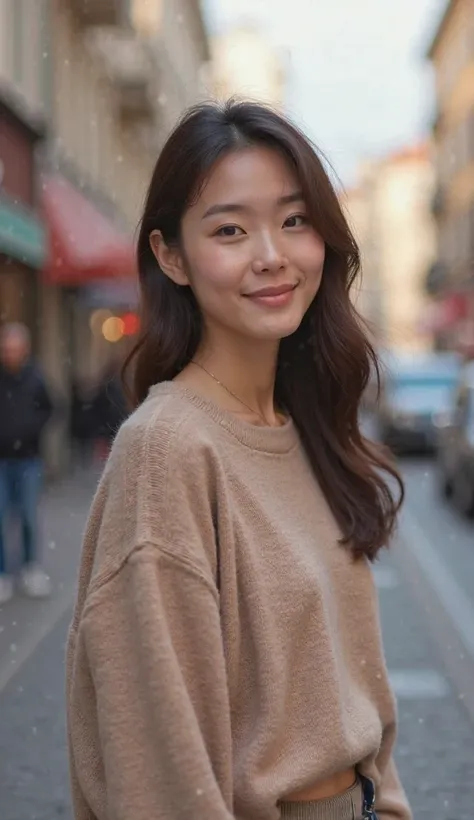 Sofia wearing a skin-colored sweater is met with a small smile on the blurry street
