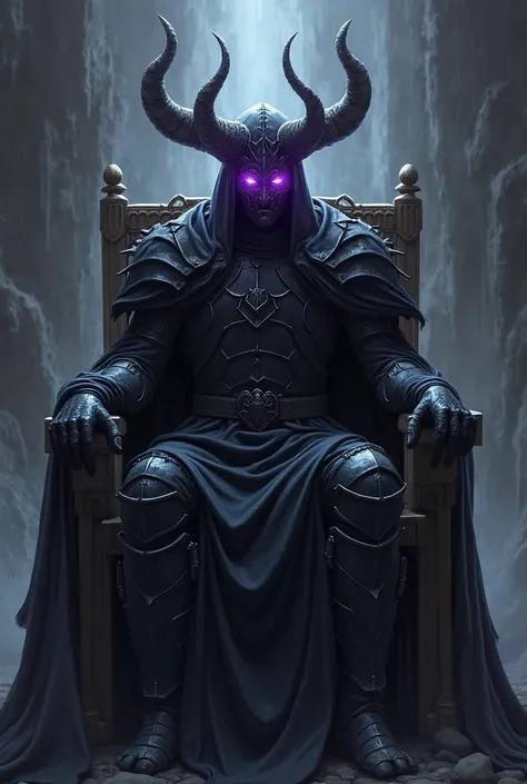 Draw a male character whose entire body is surrounded by darkness, whose face is invisible except for his eyes, but whose eyes shine with purple light, who wears large iron armor, a horn-like crown, who stands on a giant throne, similar to Sauron in the Lo...