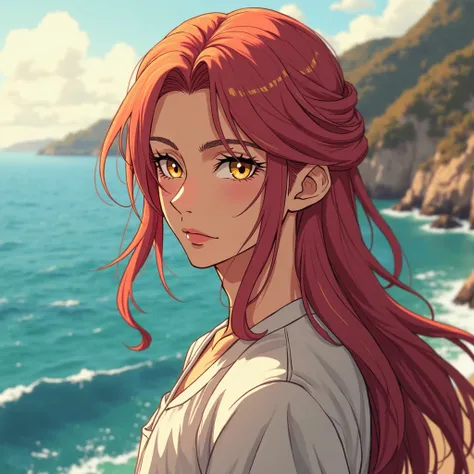  male， youth，Handsome ，grace，hair is rose red， Long Hair and Shoulders ，Straight Hair，M型瀏sea，hair ends are golden，golden eye，Red wine，sea，Greece，anime characters