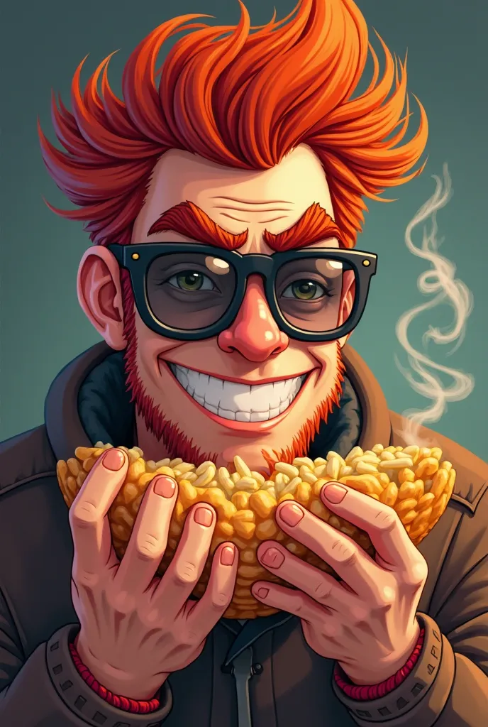 An image of a man with dark glasses like a cartoon, The type animate the hair is red-haired
And that he is eating a toston