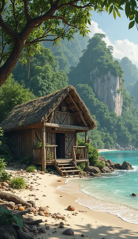 a wooden hut in a sea shore, in its background a grenny jungle