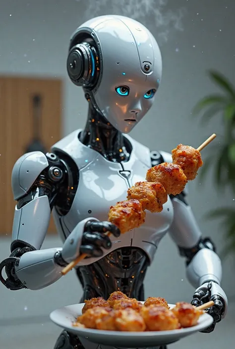 Make an image of a robot holding a chicken kebab in hand, but keep it simple 