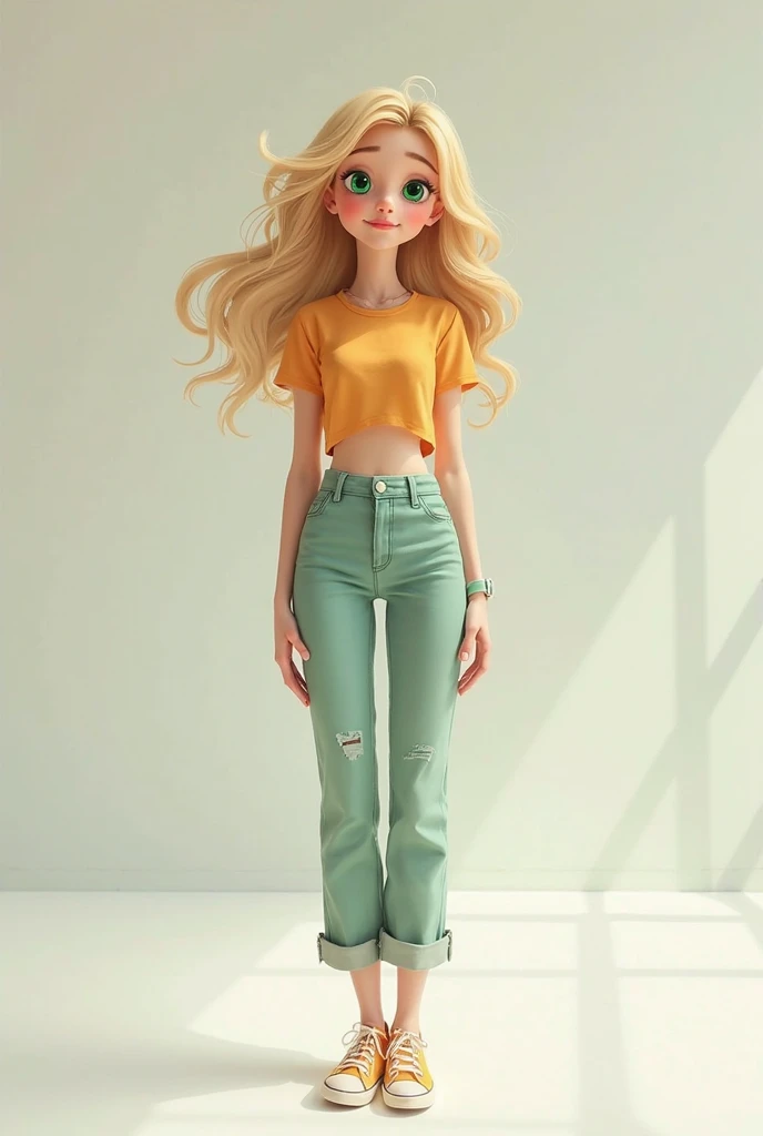 Create female Disney Pixar character with white skin and green eyes, blonde, standing in a white room wearing Jens pants and a top