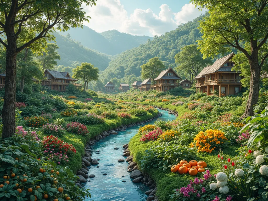 A breathtaking green landscape with dense trees, fresh vegetable gardens, and fruit-laden orchards stretching as far as the eye can see. A crystal-clear blue stream flows gently through the heart of nature, reflecting the golden rays of the sun. Beautiful ...