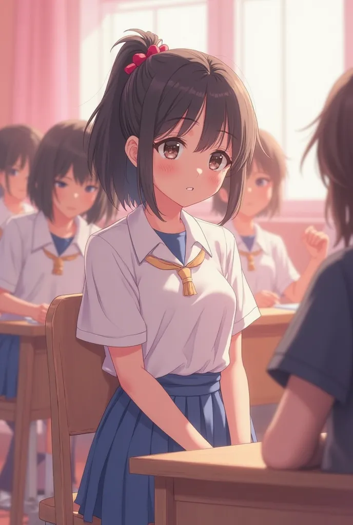 "An anime-style illustration of a shy schoolgirl with fair skin and a black ponytail with slight bangs, wearing a plain white school shirt and a blue skirt, sitting in a classroom, with other classmates around them. The atmosphere has a soft pink hue creat...