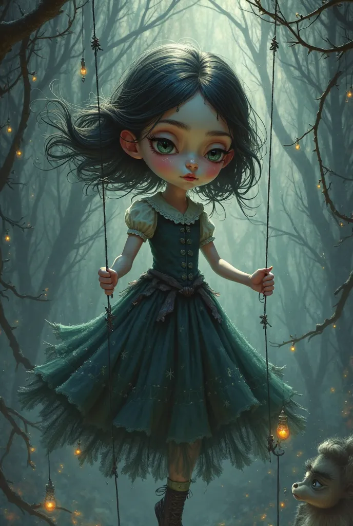 I want the cover for my book,  must be animated , A girl pretending to be a puppet, Looking like a witch