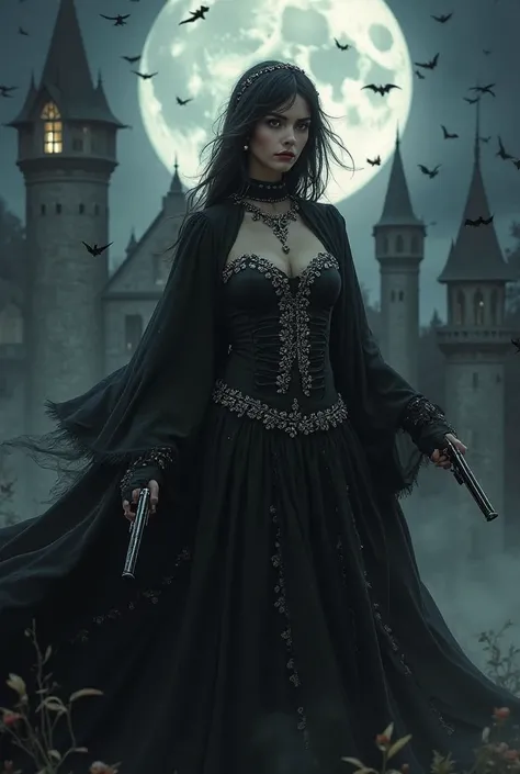 Create a dark fantasy character inspired by gothic aesthetics. The character is a female warrior with a regal yet menacing presence, dressed in black robes adorned with silver accents. She wields elegant pistols and possesses mysterious powers. Set against...