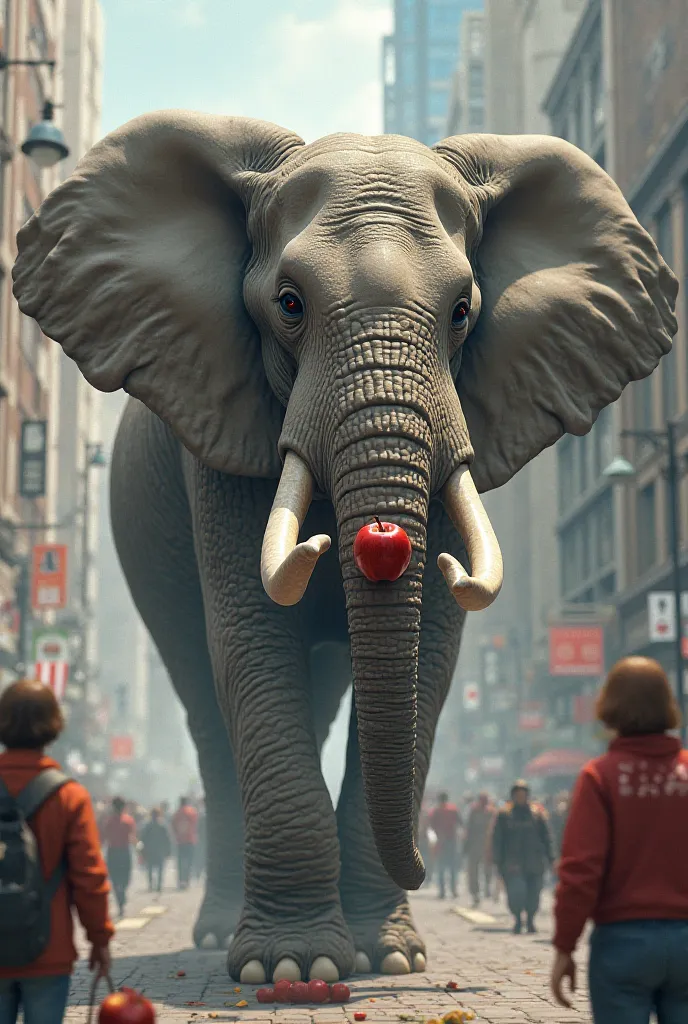 A elephant having human like body walking in city and eating apple