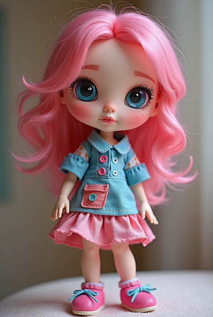 Muñeca de trapo tipo pixar con zapatones rosas con lazo blue, dressed up to the knee half with scraps of fabric and the other half pink, mangas abullonadas cortas una rosa y otra blue, the dress has a pocket on the skirt, also has randomly colored buttons ...