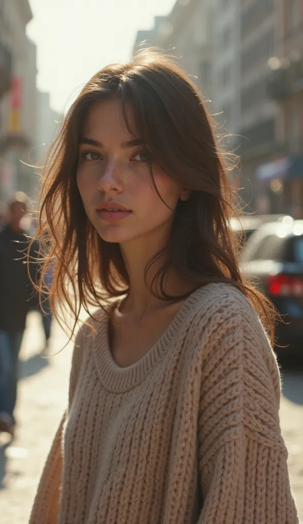 Sofia, wearing a skin-colored sweater with loose brown hair, finds herself with a small smile on the blurry street.
