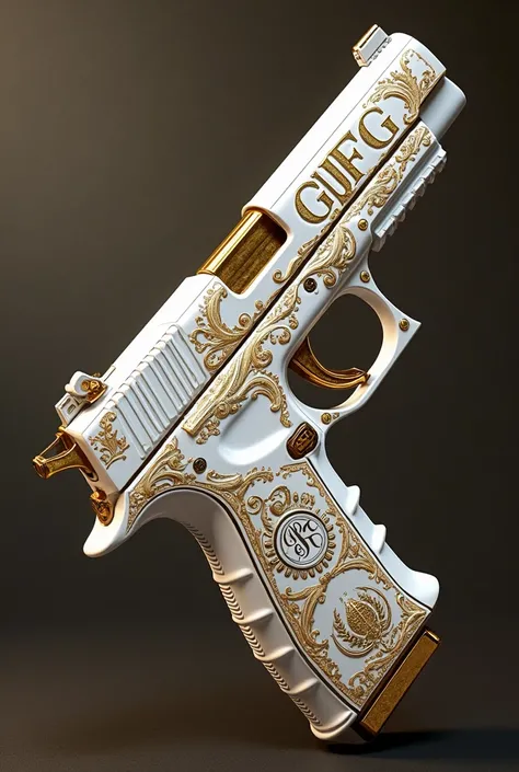 Make me a white-and-gold gun that has the initials GJFG and that has a crown above the 2 letters G  