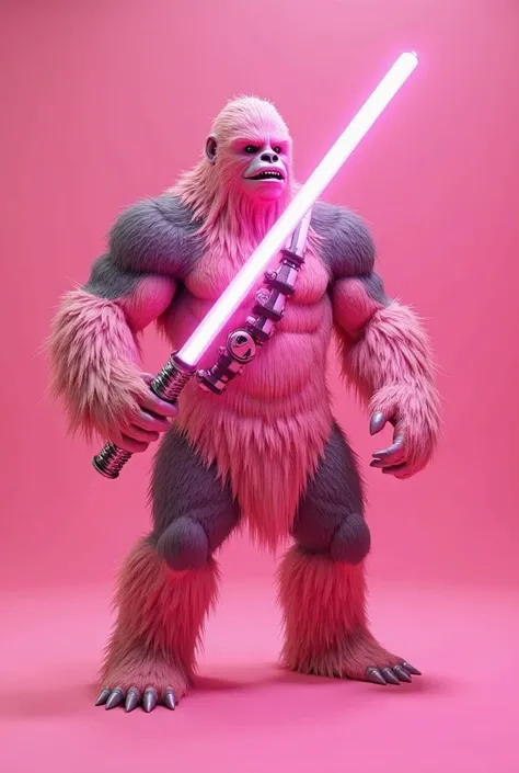 Chubaka ship with a double pink light sabre, The background is inside a pink. He is muscular and has a PINK coat. Hawaiian-style palm skirt. 