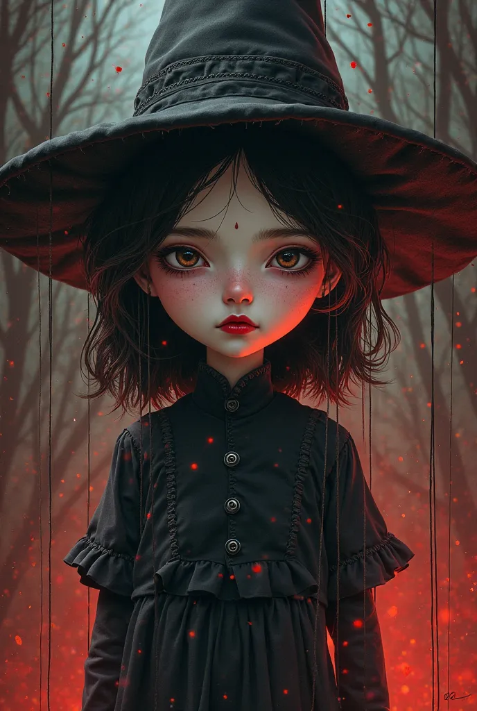 I want the cover for my book,  must be animated , A girl pretending to be a puppet, Looking like a witch, not so lively,  with colors red and black 