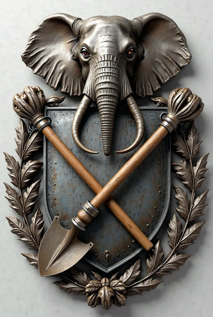 Coat of arms, on the coat of arms crossed with shovel and sickle, on the coat of arms, in the upper part of the head of the elephant, coat of arms made of metal, around the coat of arms metallic, oak leaves as a wreath