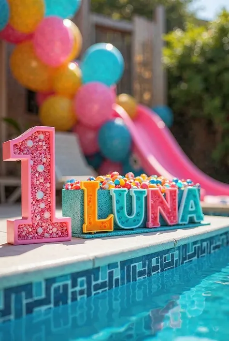 Pool-themed outdoor party, filled with colorful balloons and vibrant decor. The main table has candies and a luminous number '1 year. The name 'LUNA' in a box of colorful and vibrant letters. There are fun buoys, a pink slide and a cheerful, sunny mood."