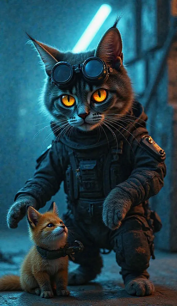 Anthropomorphic cat in black tactical gear, frozen mid-mission in a high-tech enemy base. Human-like posture, night-vision goggles glowing, paw hovering over a bomb trigger. A small fox , clutching a toy, stares innocently. Cat’s expression: tearful confli...