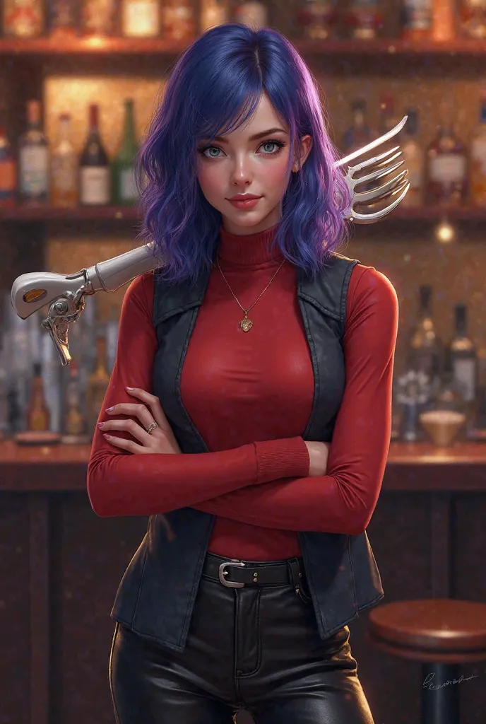  A beautiful young woman with medium-length hair of blue and purple hope. Les yeux violines. A weasel with a white fork is on his shoulder. black leather pants, and an elegant red top, a small cashmere vest that I leave open. arms crossed. Bar background. ...