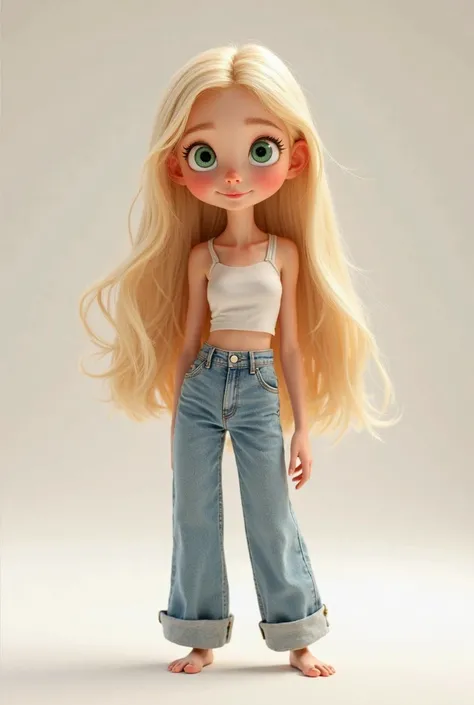 Create female Disney Pixar character with white skin and green eyes, blonde, standing in a white room wearing Jens pants and a medium-rise top, straight hair