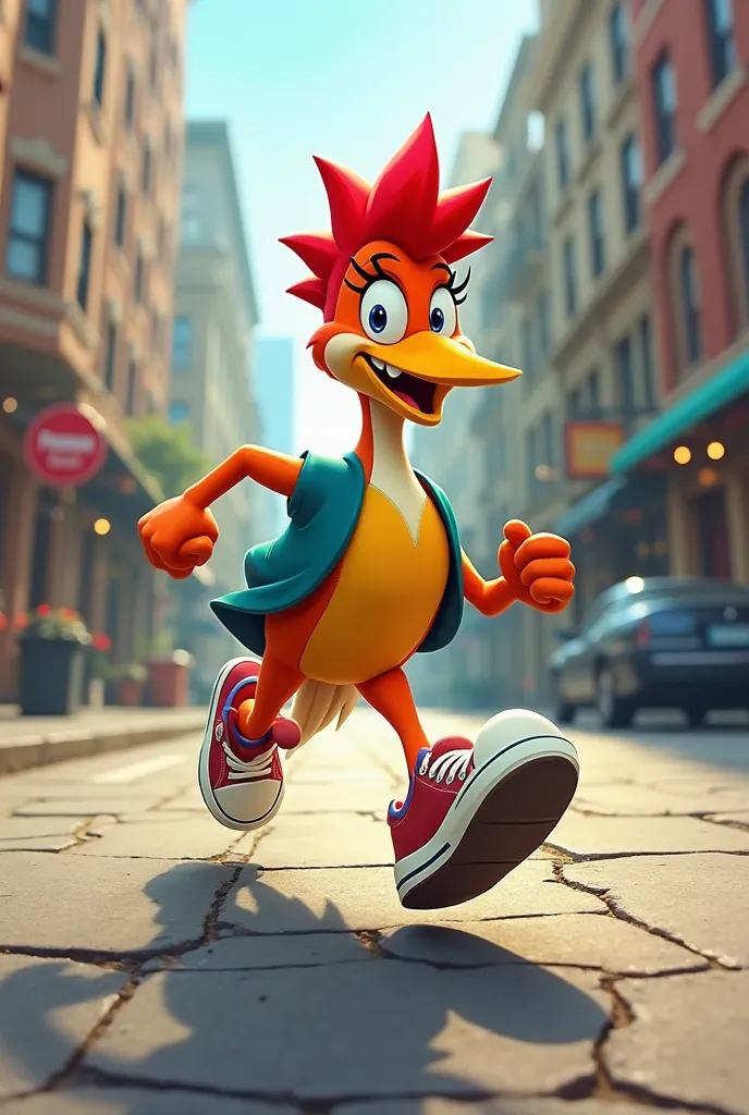 Cartoon of a woodpecker running in sneakers on the street 